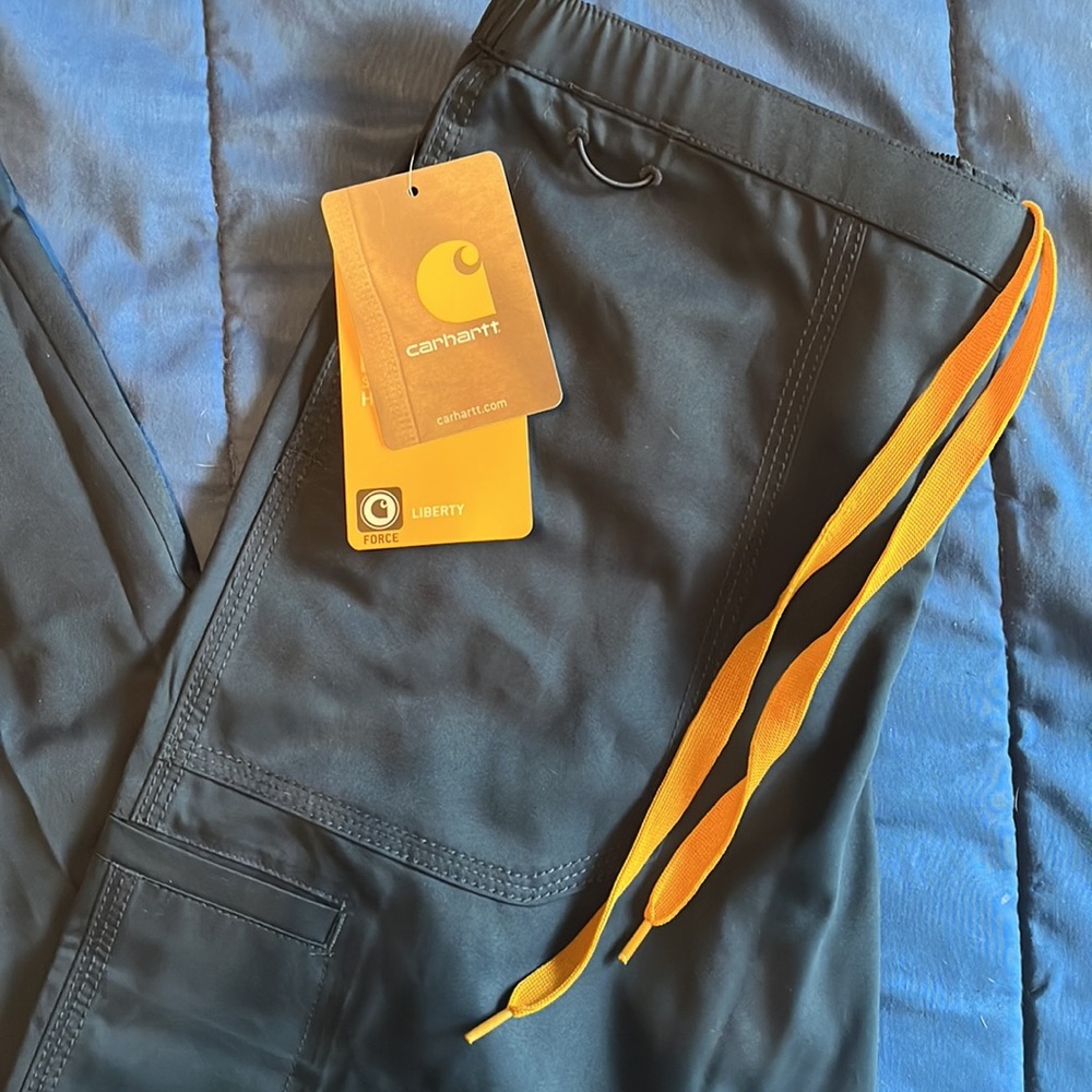 CARHARTT SCRUB BOTTOMS—DARK NAVY BLUE WITH ORANGE STRINGS— SIZE SMALL - Picture 2 of 4